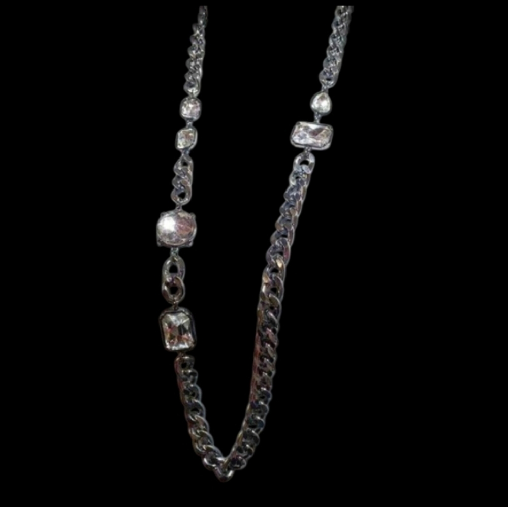 Vintage Curb Chain Iced Out Bling Gun Metal Grey Necklace Office Siren Corpcore